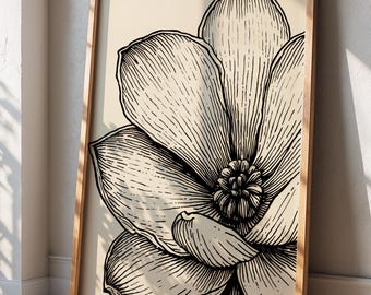 Magnolie Line Art, Schwarz-Weiß botanisches Poster, Neutrallinie Wandkunst (Digitaler Download)