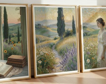 Tuscany Landscape Set of 3 Prints, Cottagecore Decor, Vintage Woman Art, Provence Wall Decor, Romantic Neutral Art | Digital Download