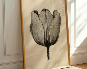 Vintage Line Art Tulpe, schwarz-weiße botanische Wanddekoration, Florales Line Art Poster (Digitaler Download)