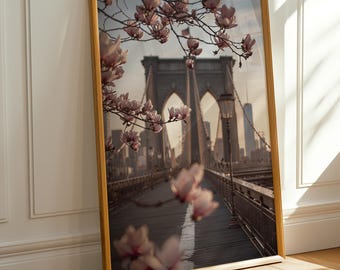 Brooklyn Bridge Frühling Magnolie Kunstdruck, New York City Fotografie (Digital Download)
