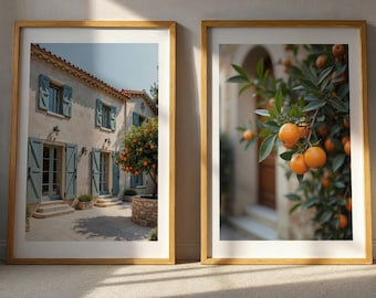 Italian Villa Wall Art Set, Mediterranean Orange Tree Prints, Neutral European Architecture Decor, Travel Set of 2 (Digital Download)