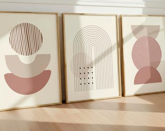 Neutral Blush abstrakte Wandkunst 3er-Set | Moderne Boho Geometrische Drucke | Dusty Rose Minimal Wand Dekor (Digitaler Download)