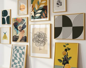 Set von 15 Eklektische druckbare Kunst, Maximalist Galerie Wand Bündel, Boho abstraktes Druck-Set, kuratierte Kunstsammlung (digitaler Download)