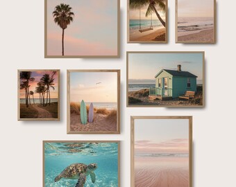 Set of 8 Pastel Coastal Gallery Wall, Neutral Beach House Wall Art for Living Room (Digital Download)