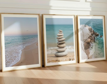 Set of 3 Coastal Zen Wall Art, Neutral Beach Stone Prints, Calm Ocean Posters (Digital Download)