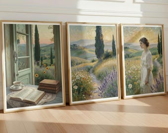 Tuscany Landscape Set of 3 Prints, Cottagecore Decor, Vintage Woman Art, Provence Wall Decor, Romantic Neutral Art | Digital Download