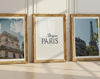3er Set Paris Gallery Wandkunst, Eiffelturm Druck, Bonjour Typografie (Digitaler Download)