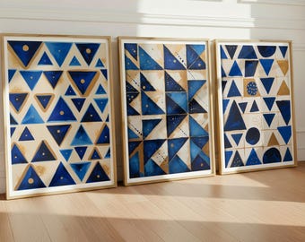 3er Set Blaue abstrakte Kunst, geometrische abstrakte Wandbilder, modernes 3er-Set (digitaler Download)