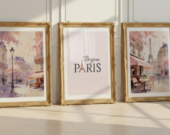 3er Set Paris Aquarell Drucke, Romantisches Kirschblüten Cafe, Galerie Wand Set (Digitaler Download)