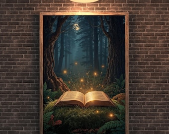 May include: A framed print depicts an open book illuminated by glowing lights in a forest setting. The artwork features a full moon, tall trees, and a mystical, enchanting atmosphere. The book is the focal point, resting on a bed of grass.