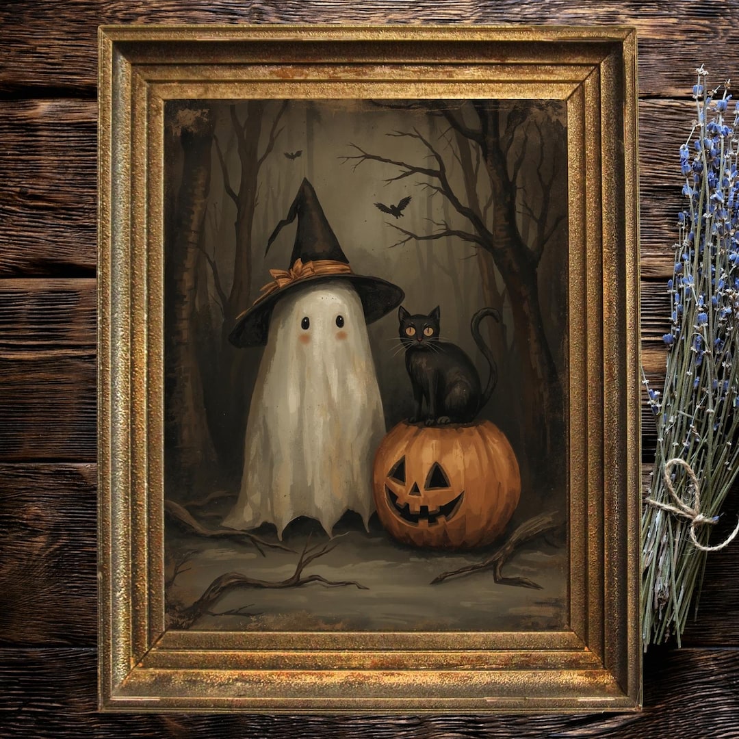 Vintage Ghost and Black Cat Halloween Wall Art | Spooky Witch Hat Ghost ...
