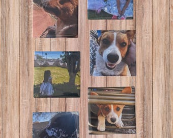 May include: A collection of six square ceramic tiles, each featuring a different photograph. The images include portraits of dogs and children, set against outdoor backgrounds. The tiles are arranged on a wooden surface.