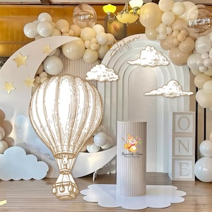 Globo aerostático, oso de peluche blanco recortado, soporte para baby shower, decoración grande, boceto a lápiz, personaje de pie, fondo para fiesta, revelación de género