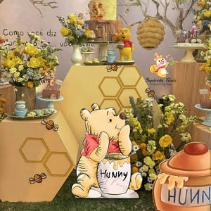 Suporte de recorte estilo esboço do Ursinho Pooh para chá de bebê, decoração grande com recorte para festa, cenário do Ursinho Pooh em pé com pote de mel