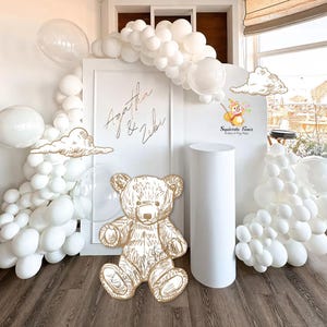 Teddy bear white cutout standee cute baby shower big decor pencil sketch standing character party backdrop gender reveal dior
