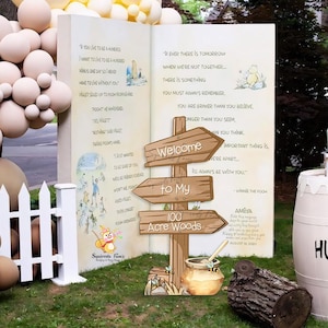 100 acres de bois Winnie l'ourson signalisation découpe voyageur debout baby shower grande décoration bois avec ligne de coupe fête toile de fond bois panneau de bienvenue miel