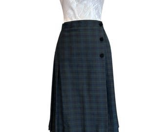 Falda cruzada a cuadros estilo años 90: Tartán azul verdoso, botones de terciopelo, estilo academia.