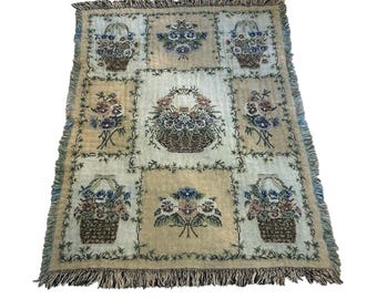 Coperta vintage reversibile in arazzo floreale verde e beige, 40x52