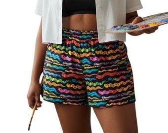 Pantaloncini fatti a mano con stampa serpente, multicolore, misto cotone, vita elasticizzata, stile festival boho, taglia XL