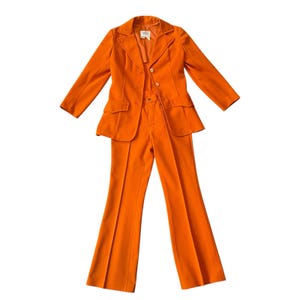 Vintage 70s Orange Two Piece Pant Suit Fitted Blazer Flare Pants Vented Back Retro Power Suit Dacron Poly Womens Size XS