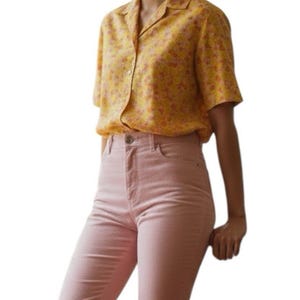 Vintage 1970s Dopamine Print Button Up Shirt Colorful Retro Mod Pattern Women’s Medium USA