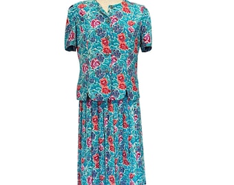 Vintage Skirt Suit Teal Floral Two Piece Jacket Pleated Skirt Size 12