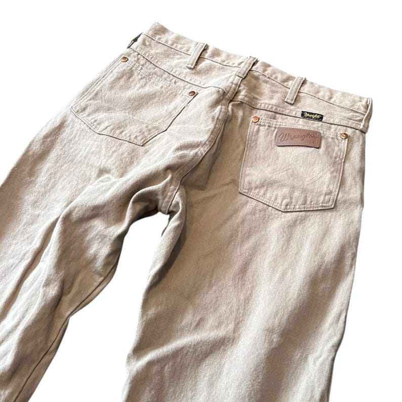 1980s Vintage Wranglers Tan Straight Leg Jeans 100% Cotton Made in USA 32x25 image 11