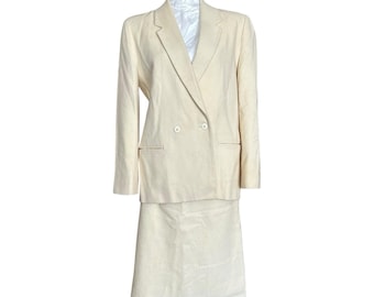 Vintage 80s Cream Wool Skirt Suit Set Double Breasted Blazer Pencil Skirt XS