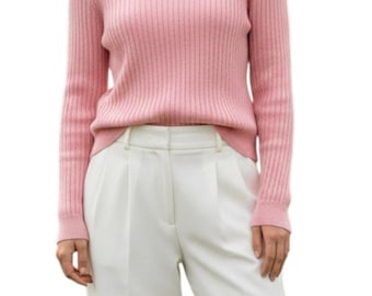 1980s Vintage Rosa Gerippter Baumwolle Rollkragenpullover Langarm Balletcore Barbie