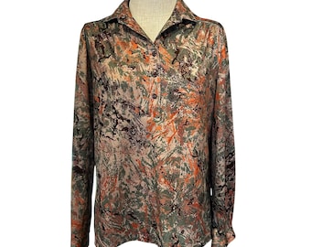Blusa vintage de los años 70 con estampado abstracto, manga larga, de seda, talla M, hecha en EE. UU.