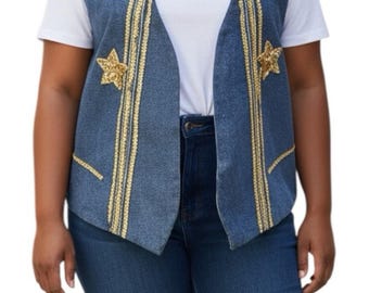 Chaleco vaquero vintage hecho a mano con lentejuelas y patchwork, abierto por delante, talla XL.