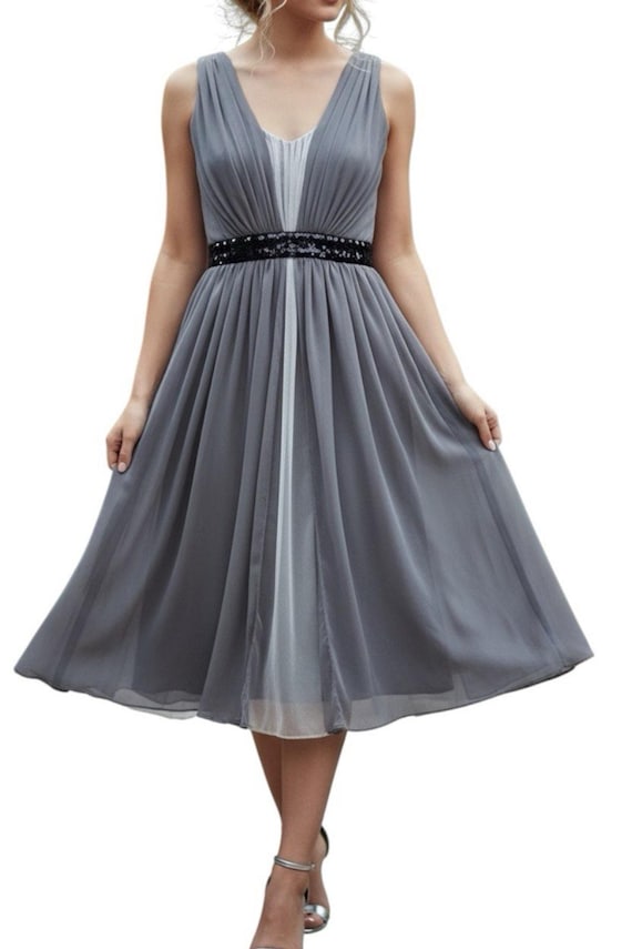 Vintage Y2K Gray Silk Tulle Midi Dress Black Sequin Waist Pleated A-line V-neck Small