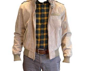 Mens Members Only Khaki Tan Genuine Leather Preppy Biker Bomber Jacket Size 42