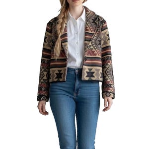 Vintage 90s Southwestern Aztec Tapestry Cropped Jacket Open Front Cotton Size M