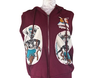 Vintage kastanjebruine mouwloze hoodie Apache Crown Dancers met ritssluiting, VS gemaakt groot