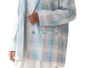 Blazer vintage de los años 80 de Graff Petites, a cuadros pastel, dos botones, EE. UU., talla 14