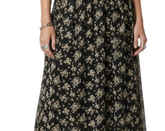 1980s Vintage Schwarz Floral Schiere Polyester Maxi Rock Elastische Taille Sz M USA