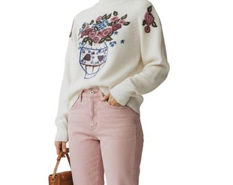 Vintage 80s White Floral Vase Intarsia Mock Turtleneck Sweater Size M