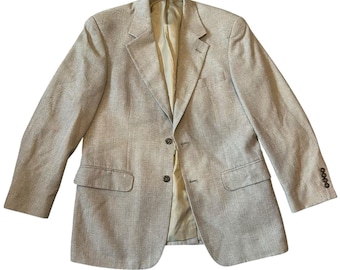 Vintage 90s Tan Herringbone Silk Lined Blazer Tortoiseshell Buttons 43L