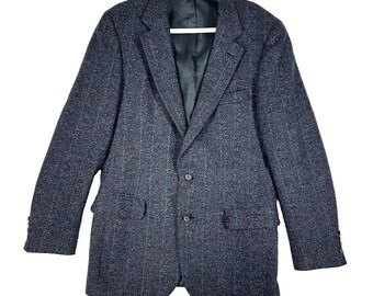 Vintage 90s Navy Herringbone Tweed Blazer 100% Pure Wool Woven Great Britain