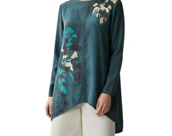 Vintage 00s Teal 100% Silk Abstract Floral Asymmetric Hem Tunic Top