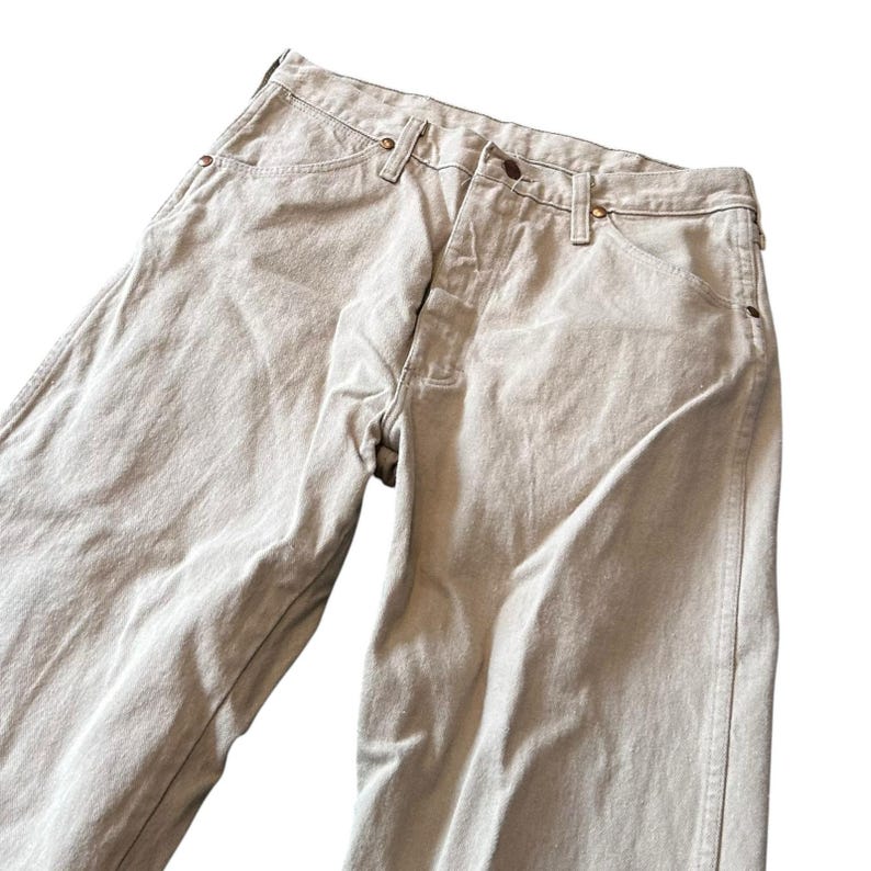 1980s Vintage Wranglers Tan Straight Leg Jeans 100% Cotton Made in USA 32x25 image 6