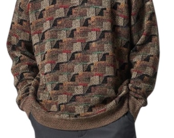 Vintage jaren 80 bruine abstracte mozaïek trui met ronde hals Coogi Style Made USA XXL