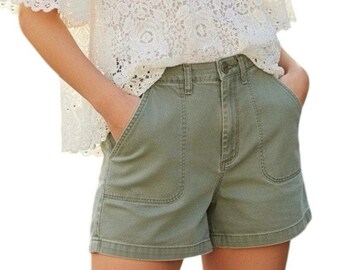 Pantaloncini di jeans Wranglers vintage, verde oliva slavato, vita alta, 100% cotone, da donna, taglia 28