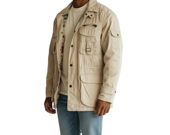 Vintage 90s Safari Chore Coat XL: Khaki Cotton, Animal Print Lining