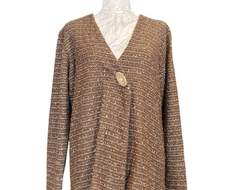 Vintage Y2K Brown Sequin Boucle Knit Sweater Oversized Wood Button V Neck Size Medium