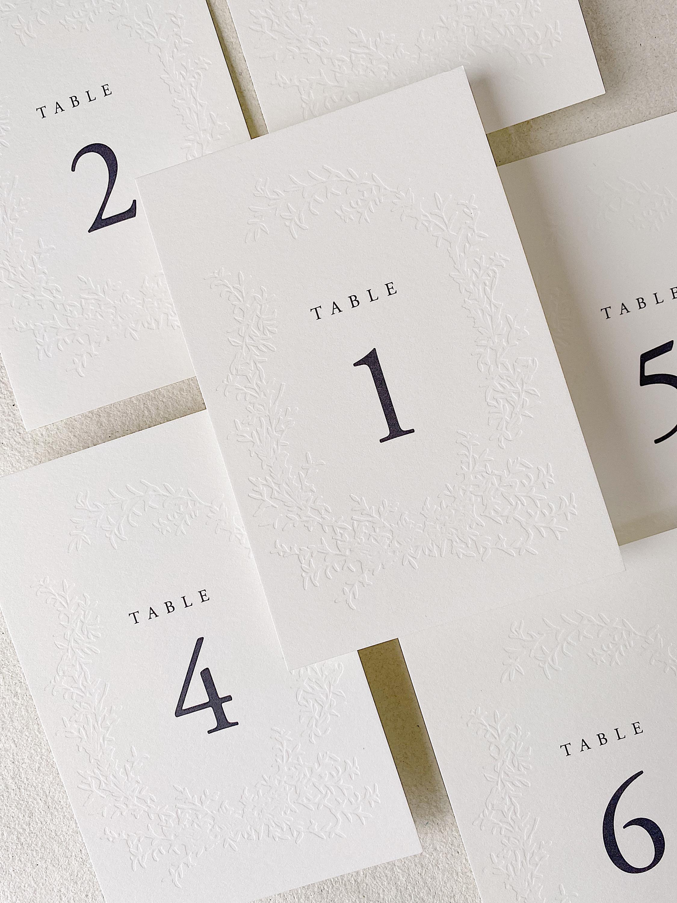 Letterpress Wedding Table Numbers 1-20 – Blind Emboss Foliage Border - Etsy