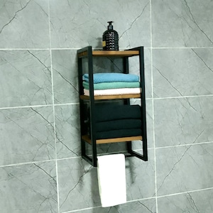 Wall Mounted Towel Rack: Industrial Wood Shelf & Metal Frame