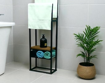Modern Freestanding Towel Rack with Wooden Shelf, Bathroom Storage