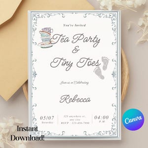 May include: A blue and white teacup and saucer illustration with a gray footprint design. The text "You're Invited Tea Party & Tiny Toes" is on the invitation. The invitation is for a baby shower for Rebecca.